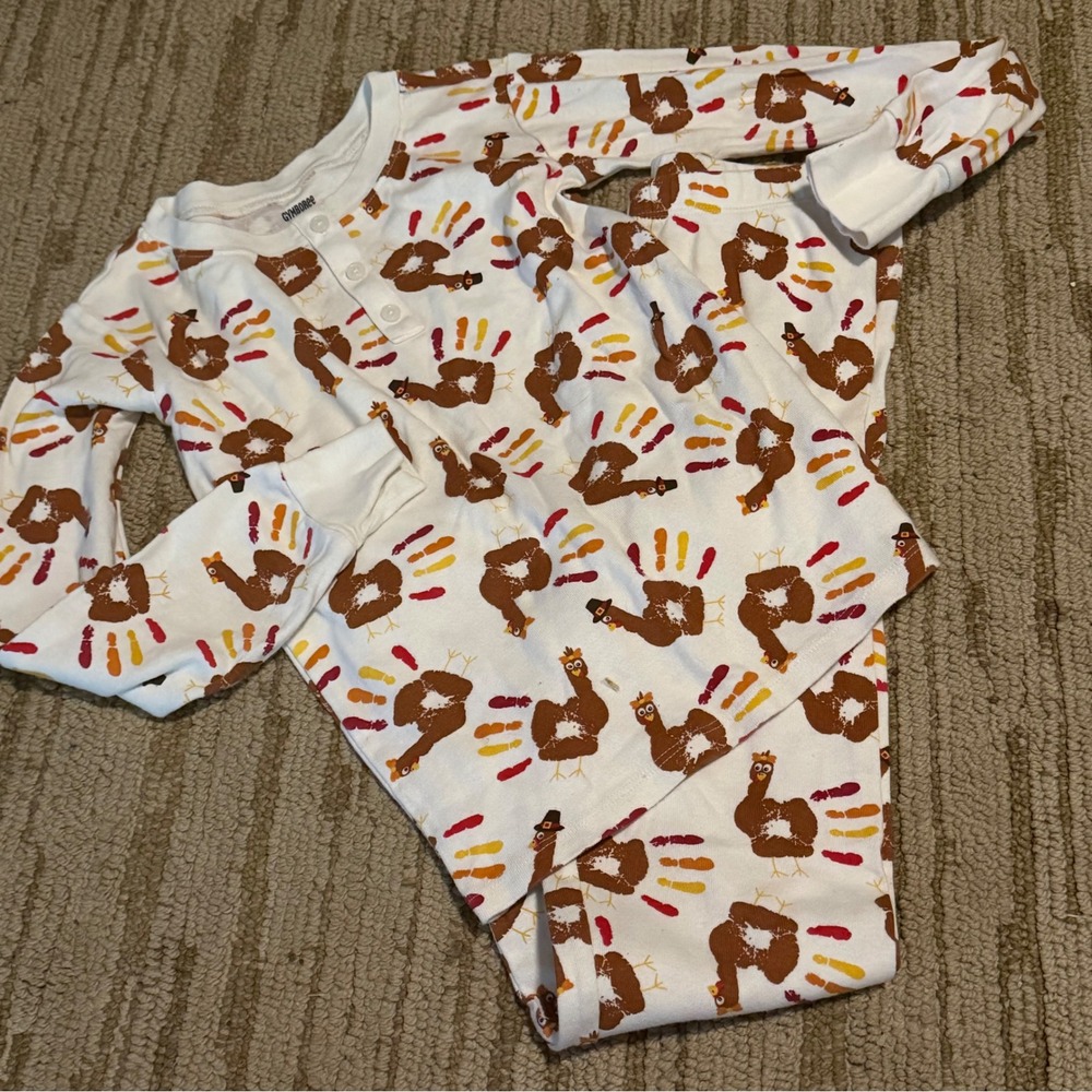 Gymboree Kids Size 8 Thanksgiving Turkey Handprint Cotton Henley Pajama Set